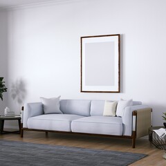 Room with Mid Century Elegant Sofa, Side Tables and Wooden Floors, Empty Walls with Frame