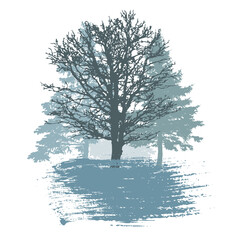 Winter trees and smear brush, logo, badge. Silhouette of beautiful oak and spruce trees and bush. Vector illustration.