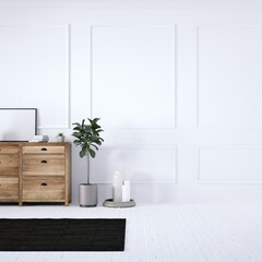 Room with Scandinavian Dresser, Modern Vases and Wooden White Plank Floors, Empty Frame on Dresser