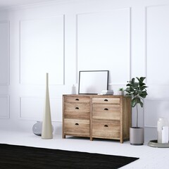 Room with Scandinavian Dresser, Modern Vases and Wooden White Plank Floors, Empty Frame Over Dresser