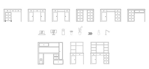 set of modern, elegant office furniture in a simple linear style is isolated on a white background. A collection of comfortable desks and Tables with laptops, computers and other accessories.