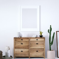 Fototapeta na wymiar Room with Scandinavian Dresser, Modern Vases and Wooden White Plank Floors, Empty Frame Over Dresser