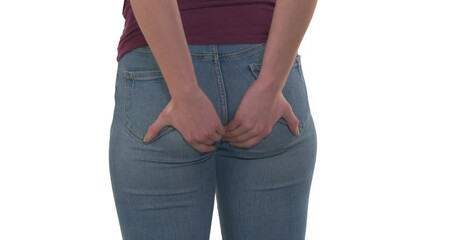 Woman has diarrhea and touching her butt. Healthcare concept. Isolated, on white background
