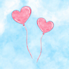 Fototapeta na wymiar Hand drawing watercolor painting of two pink hearts balloon flying on blue sky background. Copy space. 
