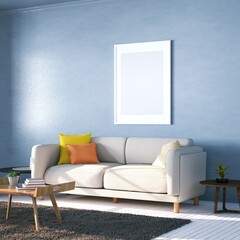 Room with Scandinavian Cozy Sofa, Side Tables and Wooden White Planks Floors, Empty Blue Walls with Frame