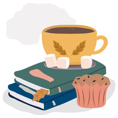 Book and diary. Books pile study, bookstore or library. Education concept, flat journal and cup of tea. Cozy cartoon learning vector illustration