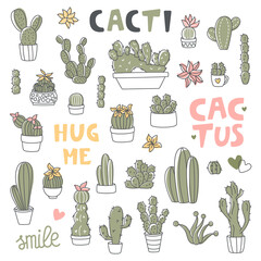 Cactus collection. Cute cacti, isolated garden elements. Flat succulents and lettering signs hug me and smile. Scrapbooking stickers vector set