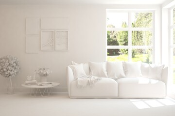 White living room with sofa and summer landscape in window. Scandinavian interior design. 3D illustration