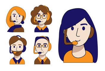 Call center employees are isolated on a white background. The operator of the office call center works with headphones. The nature of customer service. Vector illustration in a flat style.