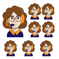 emotions of a young call center operator are isolated on a white background. Vector illustration in cartoon style. joy, cunning, anger, anger, sadness, surprise, contempt, calm. Employee of the help