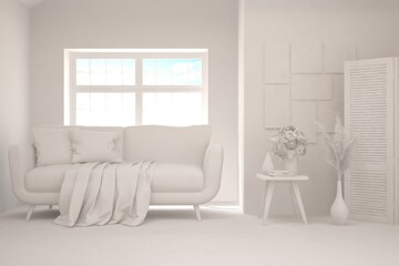 White living room with sofa and summer landscape in window. Scandinavian interior design. 3D illustration