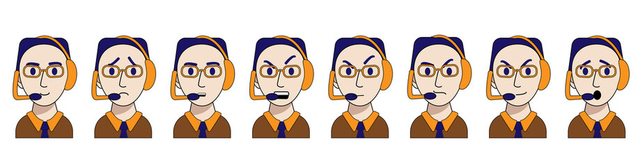 emotions of a young call center operator are isolated on a white background. Vector illustration in cartoon style. joy, cunning, anger, anger, sadness, surprise, contempt, calm. Employee of the help