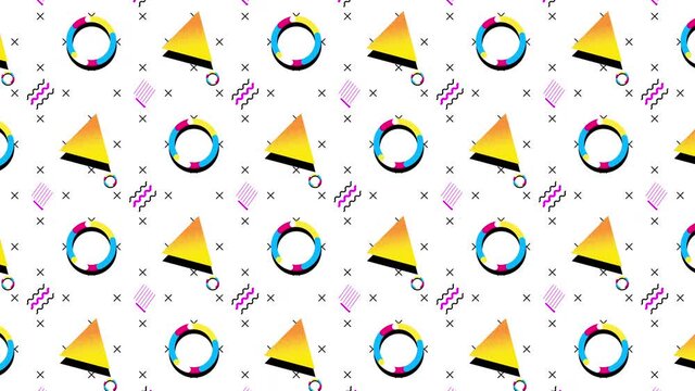 90's retro style animated looping background.  Classic 90s geometric shapes and colours.
This is the white background version

4K looped,  loop for as long as you need!