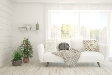 White living room with sofa. Scandinavian interior design. 3D illustration