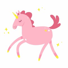 Pink unicorn with stars cute cartoon illustration. Vector illustration isolated on white background.