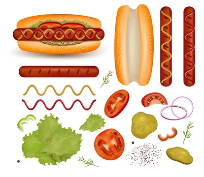 Hot dog and its ingredient set, vector illustration isolated on white background. Realistic sausage, hot dog bun, lettuce leaves, tomato, cucumber, onion, pepper slices, mustard and ketchup. Fast food