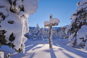 wooden cross covered with fresh snow at beautiful fresh winter morning