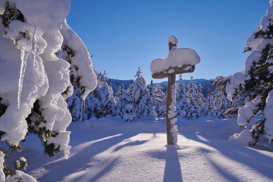 wooden cross covered with fresh snow at beautiful fresh winter morning