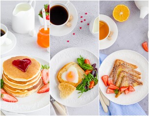 Collage for Valentine's Day from romantic festive breakfast, pancakes with a heart of jam, French toast, egg toast and fresh salad.