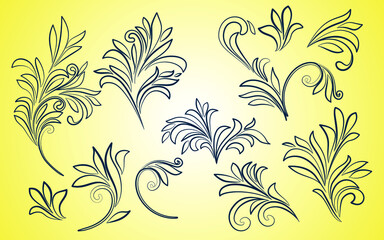 Classic black decoration in outline. Floral ornate forms leaves. Vector illustration