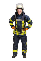 Fototapeta premium Full body young brave man in uniform and hardhat of firefighter looking at camera with smile isolated on white background