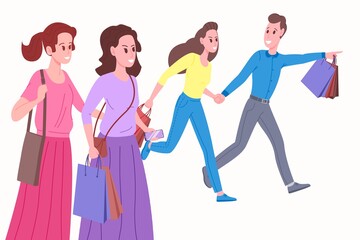 Fototapeta premium Black friday or big sale concept. Seasonal sale social media banner or flyer. Young people, friends, are shopping with bags. Vector illustration in flat cartoon style. Background for smm.