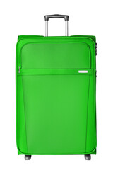 Green fabric travel suitcase with zipper, handle and lock white background isolated close up front view, large cloth baggage case, big textile luggage trolley bag, summer holidays, tourism, vacation