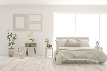 White bedroom interior. Scandinavian design. 3D illustration