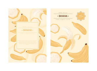 Ripe and peeled bananas cards design. Sweet banana fruits vector hand drawn poster concept.