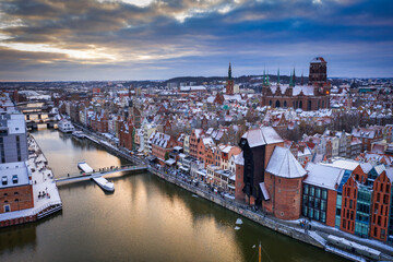 Aerial view of the old town in Gdansk city at winter sunset, Poland