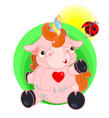 Unicorn. Colored cartoon character. A small unicorn looks at a beetle. Cute character turned towards an insect. Image on a white background.