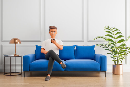 Cartoon casual character man with smartphone on blue sofa at cozy realistic classic interior with white wall and wooden floor.