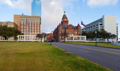 Dealey Plaza, city park divided by Main St. in West End Dallas, Texas