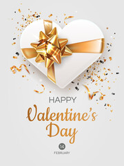Fototapeta na wymiar Vertical Valentine's Day greeting card template. White gift box on light background. Symbols of holiday - hearts, gold ribbons and tinsel.