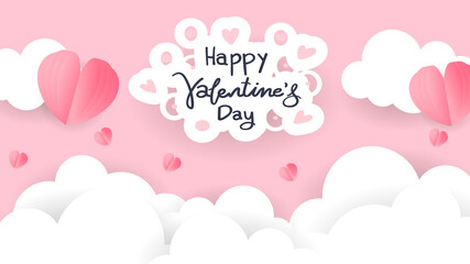 Naklejka na ściany i meble Happy Valentine's Day handwritten with Cloud paper and heart background on pink background. Vector Illustration EPS 10