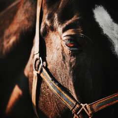 Portrait of a beautiful bay horse with a halter on its muzzle, illuminated by bright warm sunlight...