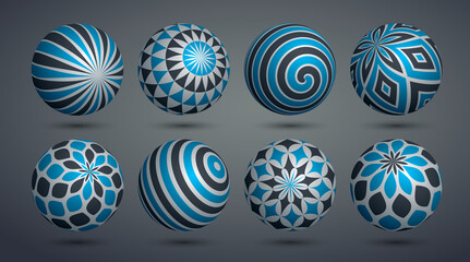 Realistic decorated spheres vector illustrations set, abstract beautiful balls with patterns, 3D globes design concept collection.