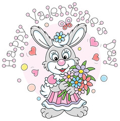 Happy Valentines Day, a greeting card with a cute little enamored bunny happily smiling and holding a bouquet of colorful flowers, vector cartoon illustration isolated on a white background