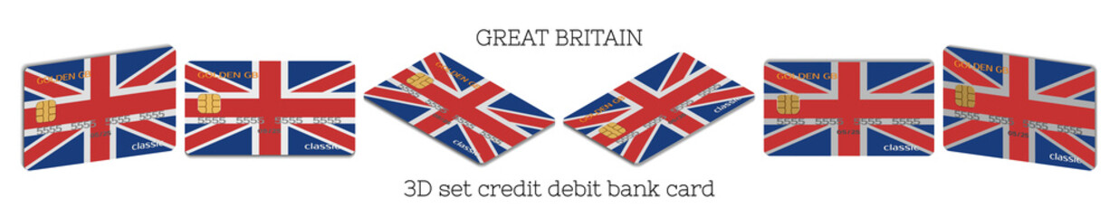 3D set of plastic bank cards with the flag of Great Britain in six projections on white background. EPS10