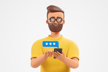 Happy cartoon beard character man use smartphone with blue text bubble over white background. Social network messenger concept.