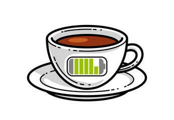 Cup of coffee with battery accumulator sign vector illustration or icon isolated on white, charge yourself concept, wakeup in morning, break in work during a day.