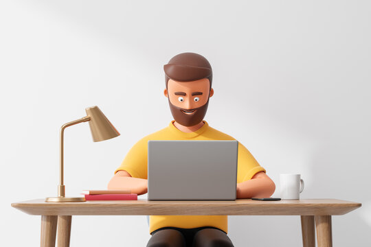 Cartoon beard character man work at laptop in home cozy interior over white wall.