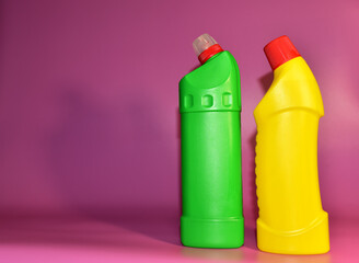 Detergent bottles. Detergents and laundry concept. Household chemicals for cleaning. Chemical...