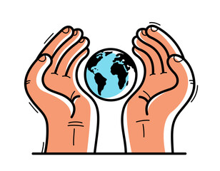 Two hands with earth icon protecting and showing care vector flat style illustration isolated on white, cherish and defense for ecology concept, environment eco protection.