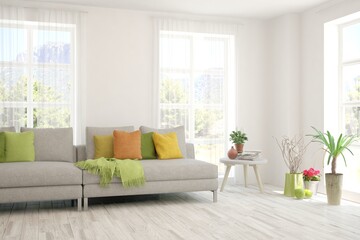 White living room with sofa. Scandinavian interior design. 3D illustration