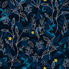Seamless pattern with white contoured flowers, herbs and leaves on a dark background. Flat vector pattern.