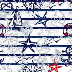 Seamless pattern with marine paraphernalia. Blue stripes in the background.
