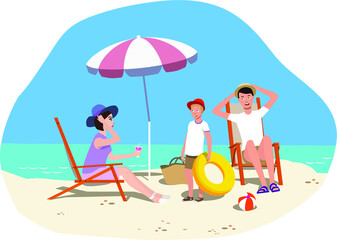 Fototapeta premium Family on vacation, beach, sea, vacation, vector.