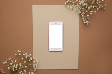 Mobile phone with white screen and dry flower branch and stone on a light brown background. Trend, minimal concept with copyspace