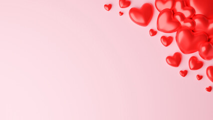 Top view of Red heart on pink background. Valentine's day concept. 3D Rendering illustration.